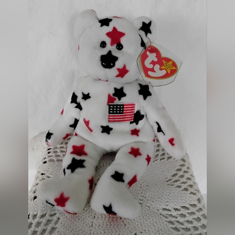 Ty White Plush Bear with Red and Black Stars